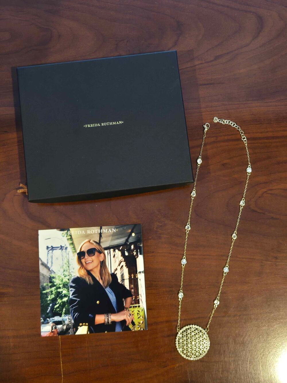NIB Freida Rothman Vault Gold Plate Fixed Pendant Bezel Chain Adjustable 16-18"